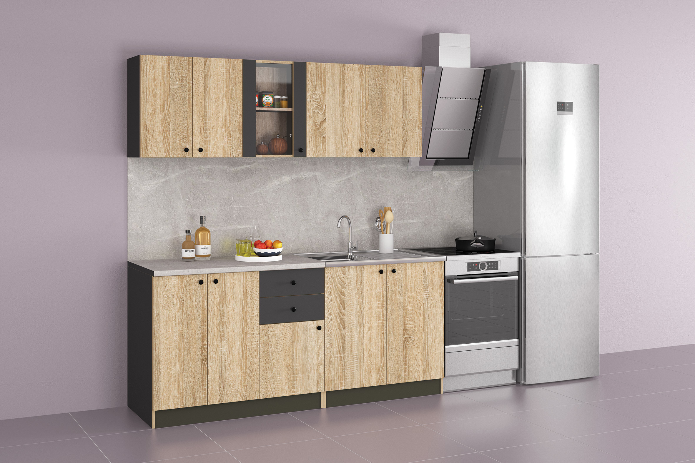 Kuhnq_Marea1-Antracit_Sonoma Блок- кухня МАРЕА 1 - антрацит/ дъб сонома - Image 1