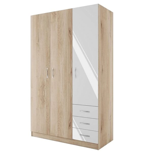 Трикрилен гардероб СИТИ 1028 с чекмеджета - бяло гланц/ сонома арвен