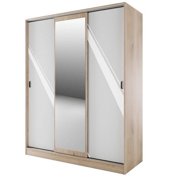 Гардероб с плъзгащи врати,огледало и вътрешни чекмеджета СИТИ 1006 - бяло гланц/сонома арвен