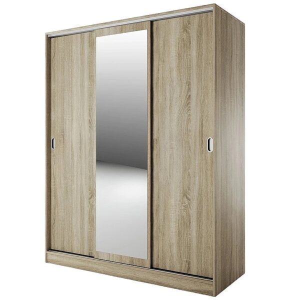 Трикрилен гардероб с плъзгащи врати,огледало и вътрешни чекмеджета СИТИ 1006 - сонома тъмна