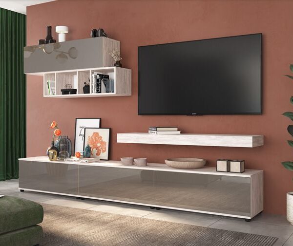 Секция Примо - дъб бланко/МДФ тъмно капучино огледален гланц